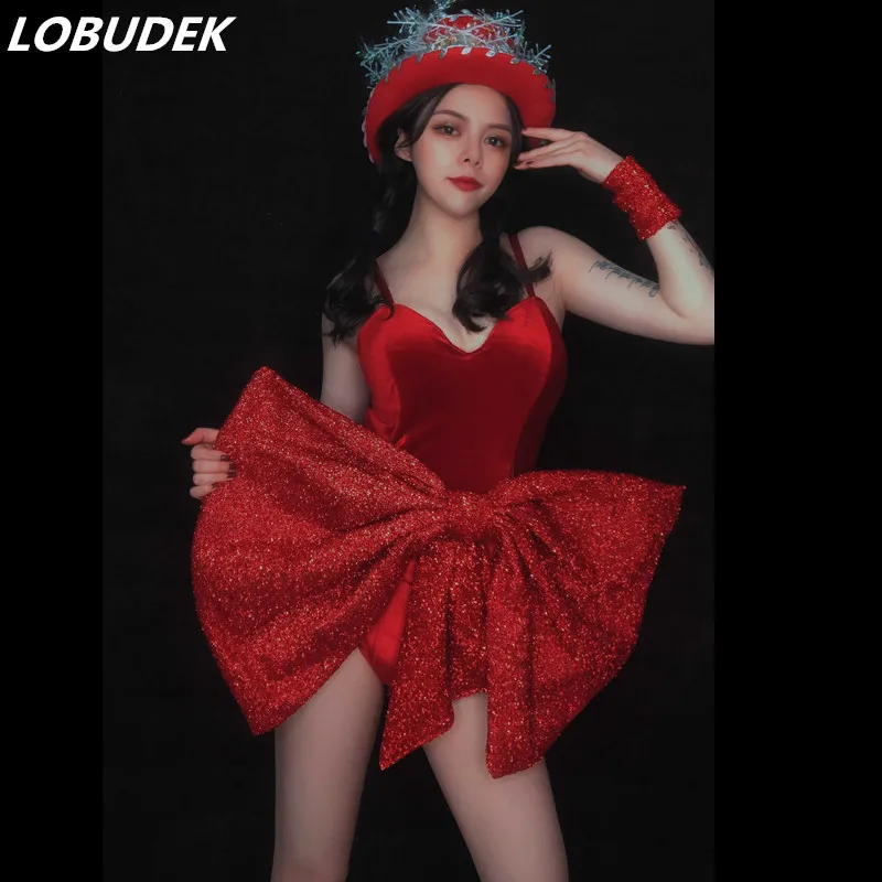 Red Big Bow Bodysuits Festival Nightclub Party Leading Dance Teams DJ DS Costume Stage Performance Bodysuit Women Singer Outfit |