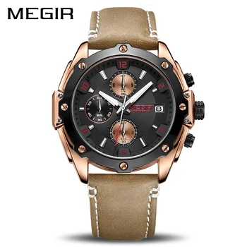

MEGIR Men Watch Relogio Masculino Blue Leather Business Quartz Watch Clock Men Creative Army Military Chronograph Wrist Watches