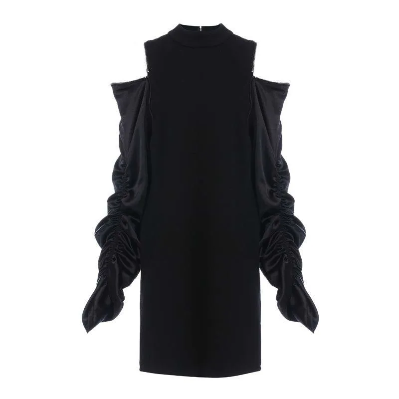 Women Dress Puff Sleeve Off Shoulder Black Dresses Irregular Long Sleeve Casual Loose Long Dresses Autumn Winter  V700