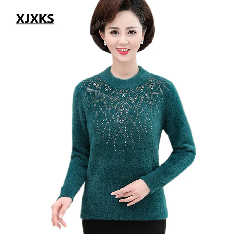 

XJXKS Winter sweater women new 2019 exquisite diamonds comfortable warm high quality mink cashmere knitted sweater women pullover