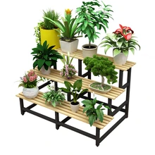 Multi-storey Indoor Ladder Type Ground Flowerpot Iron Art Province Space Solid Wood Balcony Meaty Flower Rack