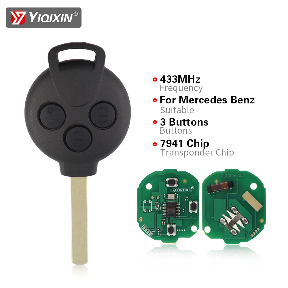 Jingyuqin 5 pezzi 3 pulsanti Chiave Auto remota per Mercedes Benz Smart Key Fortwo 450 Forfour Roadster Chiave 433MHz telecomando Auto portachiavi  34