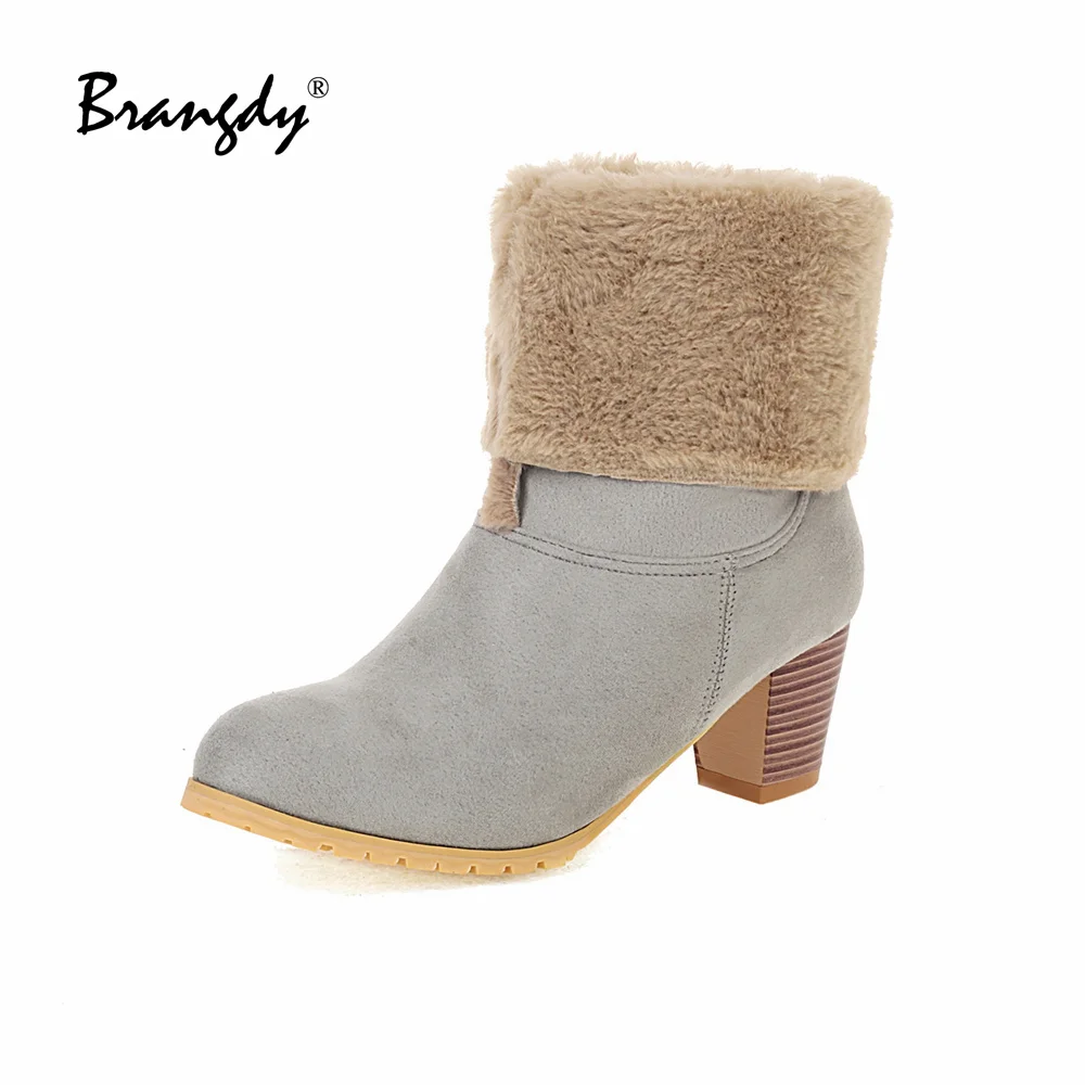 Brangdy Classical Women Ankle Boots Suede Women Shoes Lamb Wool Pointed Toe Women Winter Boots Fur Square Heels Fold Two Ways