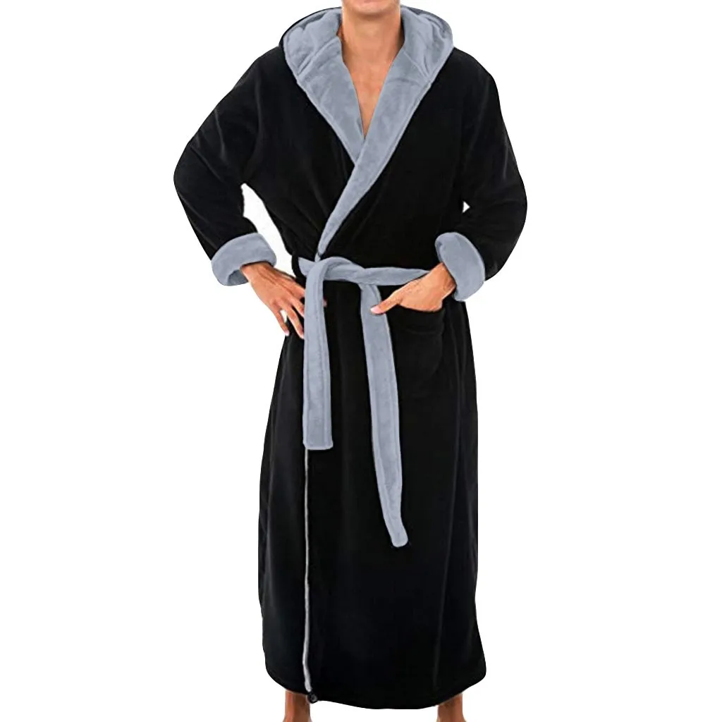 Мужской зимний длинный халат размера плюс с капюшоном и карманами, теплый плотный плюшевый халат, мягкая Домашняя одежда с поясом, одежда для сна
