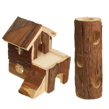 

2 Pcs Wooden House Villa Cage Exercise Toys for Hamster Hedgehog Mouse Rat Guinea Pig, Double Hamsters House with Pipeline