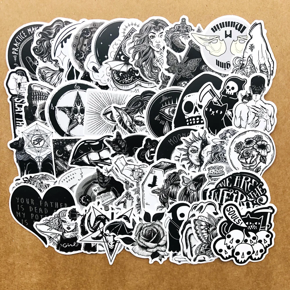 50 Pcs Black and White Gothic Style Girl and Skull Stickers Graffiti Sticker for Laptop Luggage Car Styling Guitar