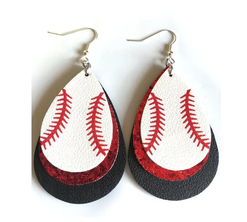 

Bohemia baseball Three Layers Teardrop Leather Earrings for Women Glitter Earrings Fashion Sport Jewelry Earrings gifts