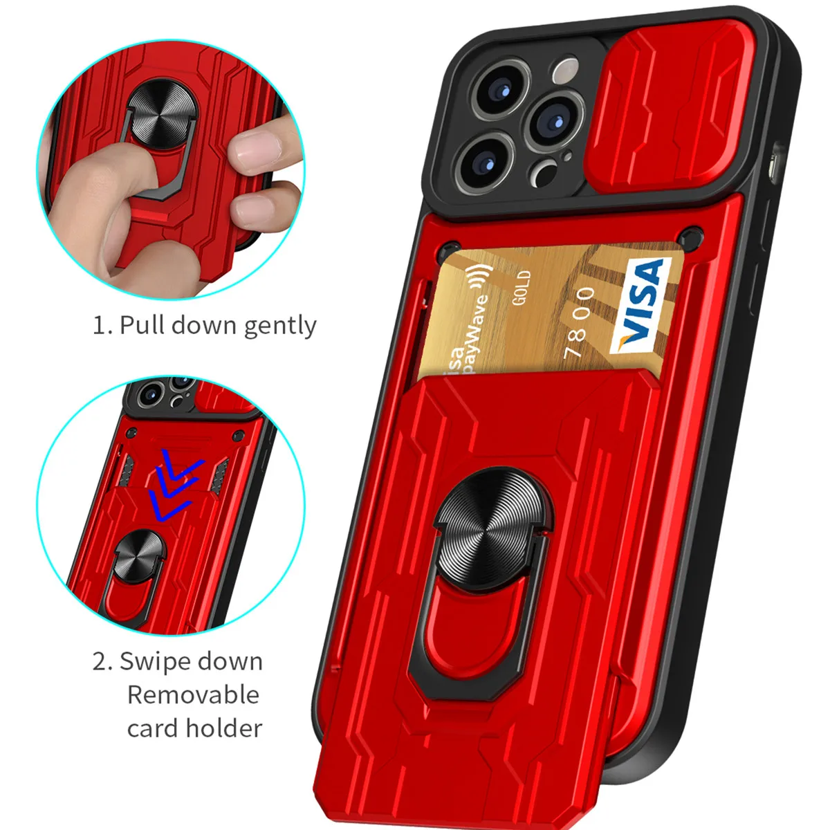 Sleek Lens Protective Case with Hidden Slide Card Slot and Magnetic Ring
