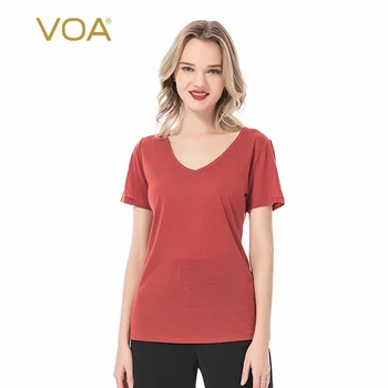 

VOA Summer Fresh All-match V-neck Short Sleeve Morandi Color Micro Transparent Simple Basic Daily Commuter T-shirt BG04