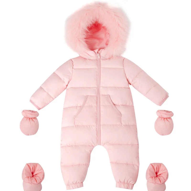 White Down Baby Boy Jumpsuit Waterproof Winter Baby Girl Clothes Thick Warm Hooded Baby Romper Outwear Toddler Onesie - Цвет: Pink