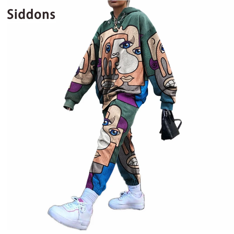 

Siddons Corduroy Casual Suit Personalized Fashion Graffiti Print Fashion Hooded Sweater Pants Two Piece Set Tracksuits Women's