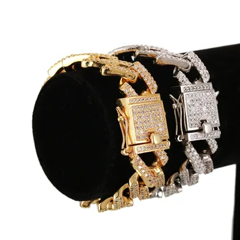 

18MM Big Wide Hip Hop Full AAA CZ Stone Bling Ice Out Square Miami Cuban Link Chain Bracelets for Men Rapper Jewelry Gold Silver