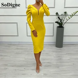SoDigne Simple Tea-Length Satin Mermaid Evening Dress V-Neck Long Sleeves Evening Gown Sexy Women Arabic Party Prom Dress