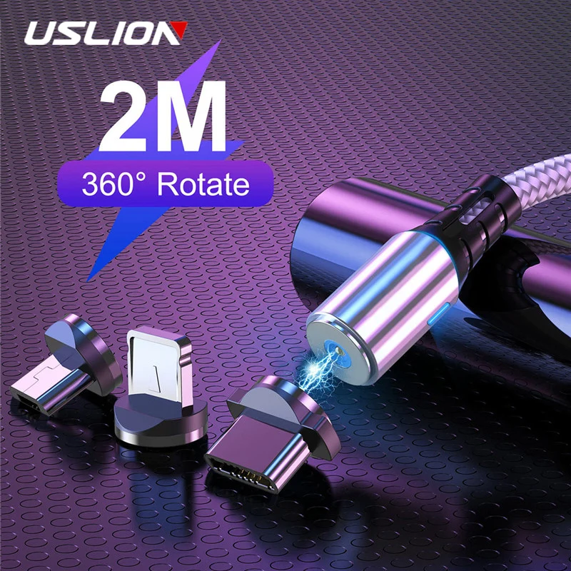 Магнитный USB кабель для зарядки USLION 2 м Samsung S8 iPhone 8 Plus светодиодный магнитный Micro Type