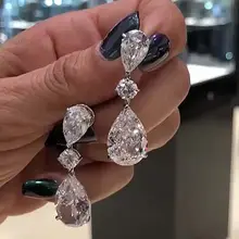 Pendientes de diamante de gota de agua grandes de lujo para mujer, pendientes de boda de plata Vintage 925 para mujer, pendientes dobles de piedra de topacio de cristal