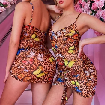 

2020 Sleeveless Butterfly Print Leopard Sexy Mini Slip Dress V-neck Pleated Bodycon Bandage Outfits Summer Women Sundresses