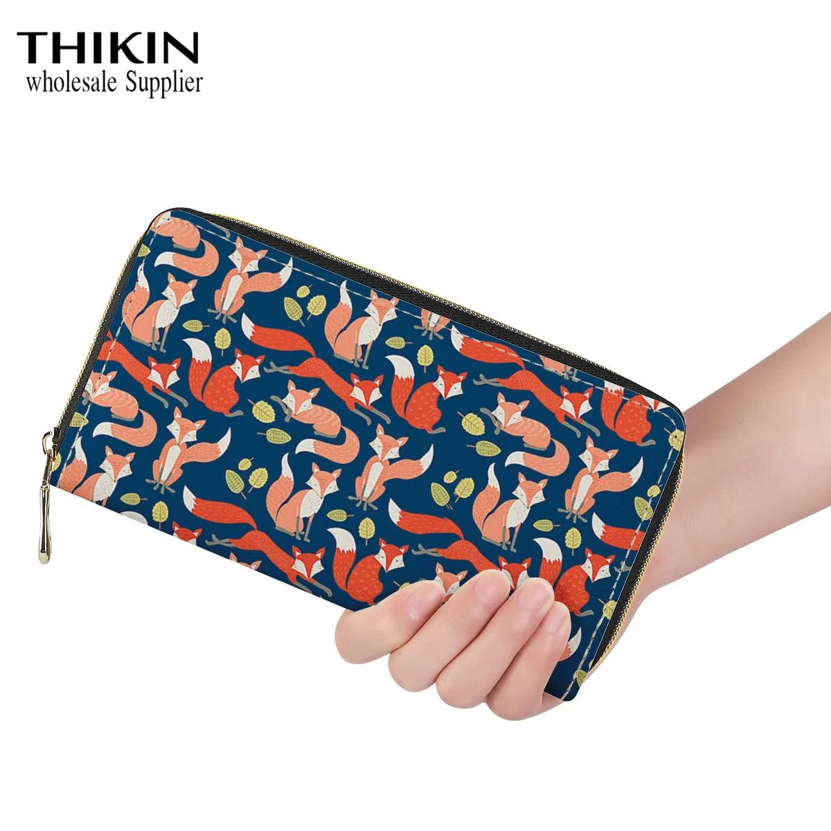 

THIKIN Cartoon Fox Print Women Long PU Leather Purse Luxury Wallets Women's Zipper Card Holder Cases High Quality Clutch Bag