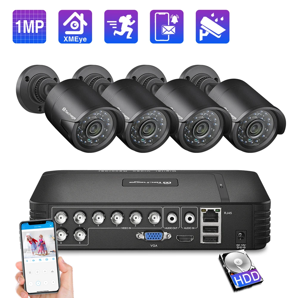 Камера видеонаблюдения Techage 8 каналов 720 пикселей HDMI AHD DVR 4 шт. 1 0 МП уличная