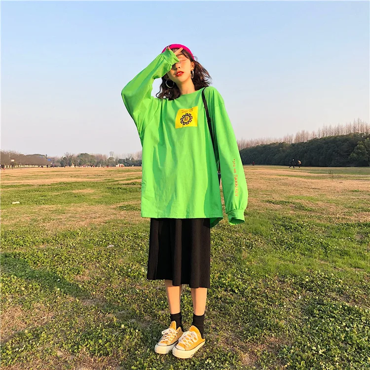Harajuku модная футболка для женщин осенняя одежда корейский стиль Ulzzang хип хоп длинный рукав футболка Женская Повседневная зеленая футболка
