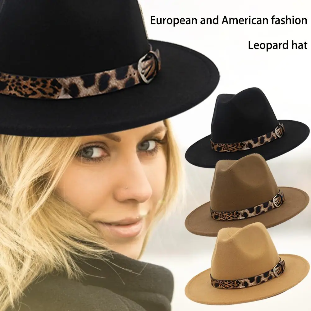 New Women Wool Hat Gentleman Elegant Lady Winter Autumn Wide Brim Leopard Hat Women Gentleman's Cap Woolen Hat