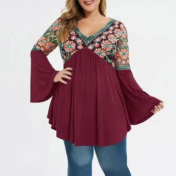 

Women's Autumn Tops Embroidered Floral Blouse Woman 2019 Plus Size Fashion V Neck Long Sleeve Casual Shirts Blouses Female d5