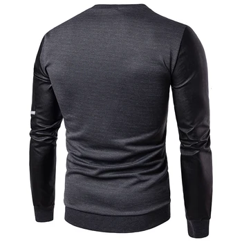 

Spring 2020 New Mens Rock Pu Leather Long Sleeved Sweatshirt Slim Fit O Neck Casual Pullover Punk Grey Black Male Streetwear Top