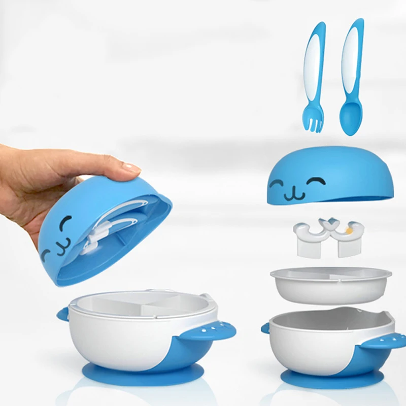 

cute cartoon leakproof bowl feeder Baby food snack tableware container separation design cover training with cover