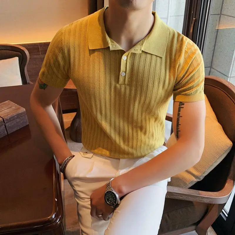 Men Summer Ice silk short top Slim Lapel Knitted Solid Color Polo Shirt  with Turn-Down Collar and Simple Double Stripe Decoratio