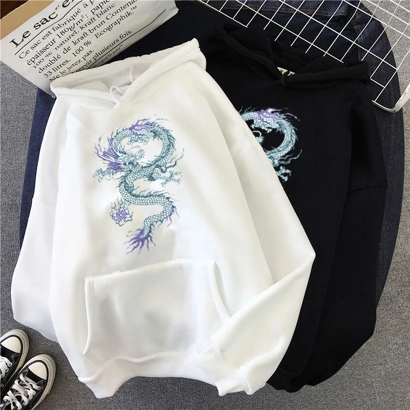 Sudaderas con estampado de dragón de talla grande para mujer, Tops de gran tamaño, sudaderas con capucha, jerséis para mujer, Sudadera con capucha informal, ropa estilo coreano Harajuku