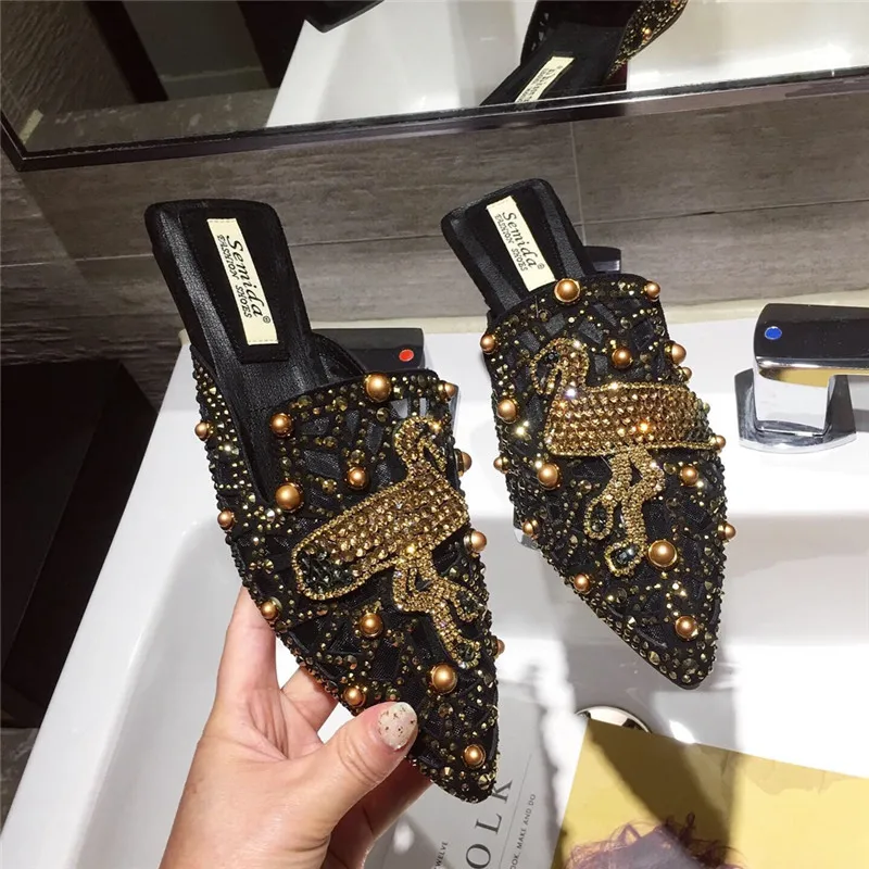 Women's Flat Pointed Toe Closed Slip-on Slippers Rivet Summer Loafer Women Mules Backless Low Heel Ladies Shoes Designer | Обувь