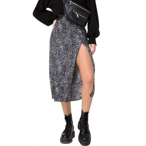 Women Skirt Wraps Fashion Casual Split Beach Long Ladies Leopard Flower Skirts Printed  High Waist Female Side Open Summer Skirt Black Leopard
