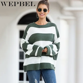 

WEPBEL Women Casual Sweater Knitted Pullover Spring Autumn Striped Long Sleeve Knitwear Tops Round Neck Colorblock Loose Tops