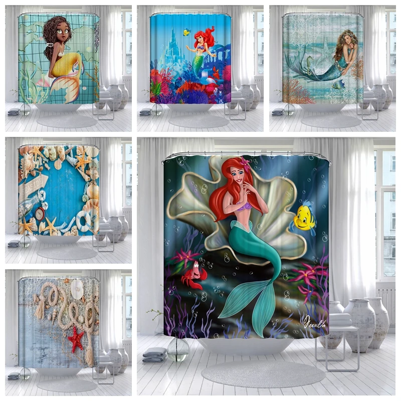 

Bath Shower Curtains Summer Beach Scenery Bathtub Screen Mermaid Shell Pearl Starfish 3D Print Fabric Waterproof Bathroom Decor
