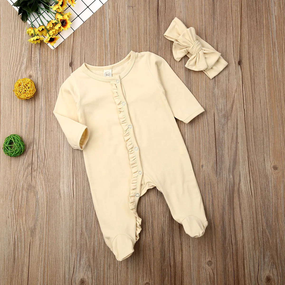 CANIS/комплект из 2 предметов для новорожденных девочек и мальчиков; хлопковый однотонный комбинезон с длинными рукавами и оборками; повязка на голову; Пижама; одежда