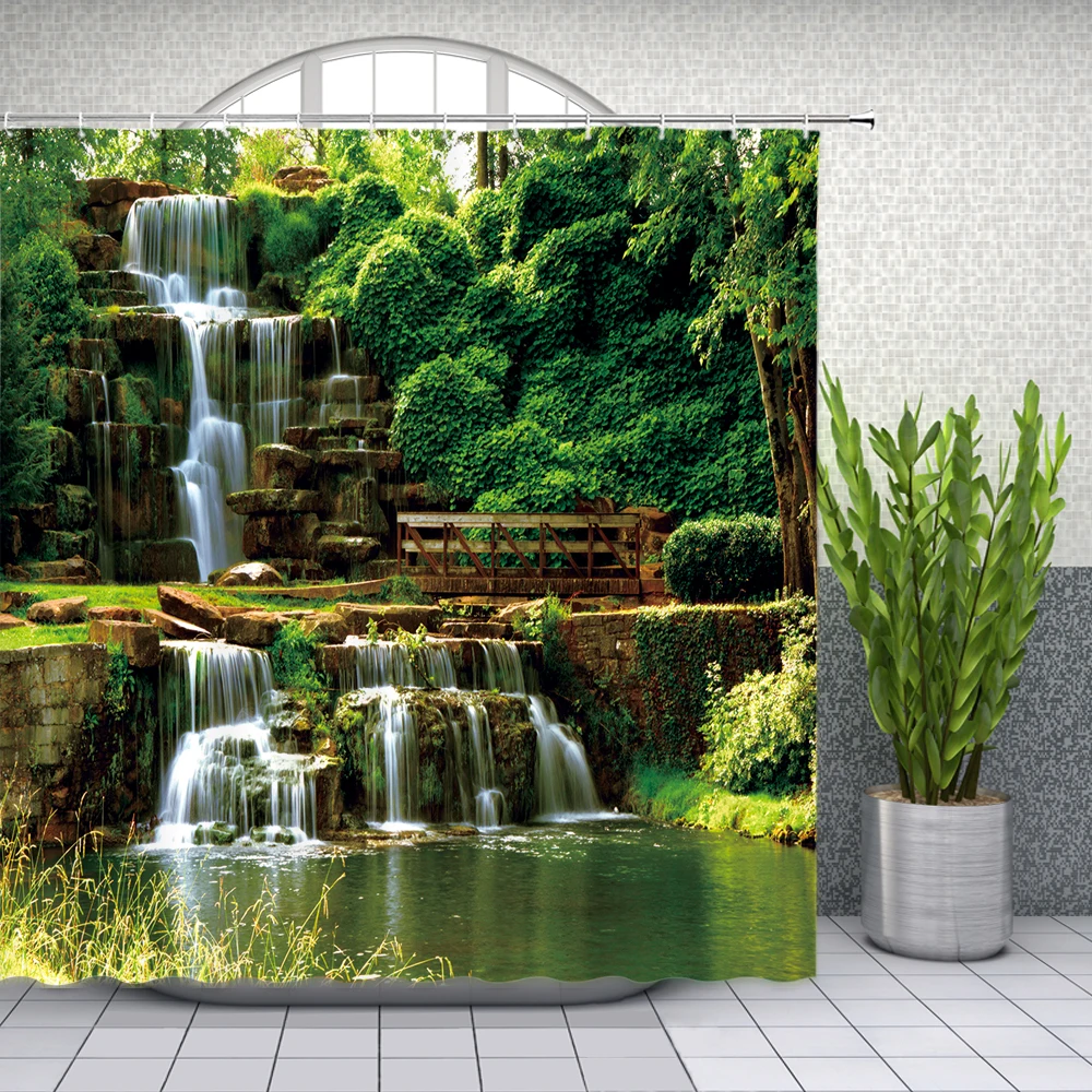 Waterfall and Spring Flower Polyester Fabric Bath Shower Curtains Assorted Sizes 