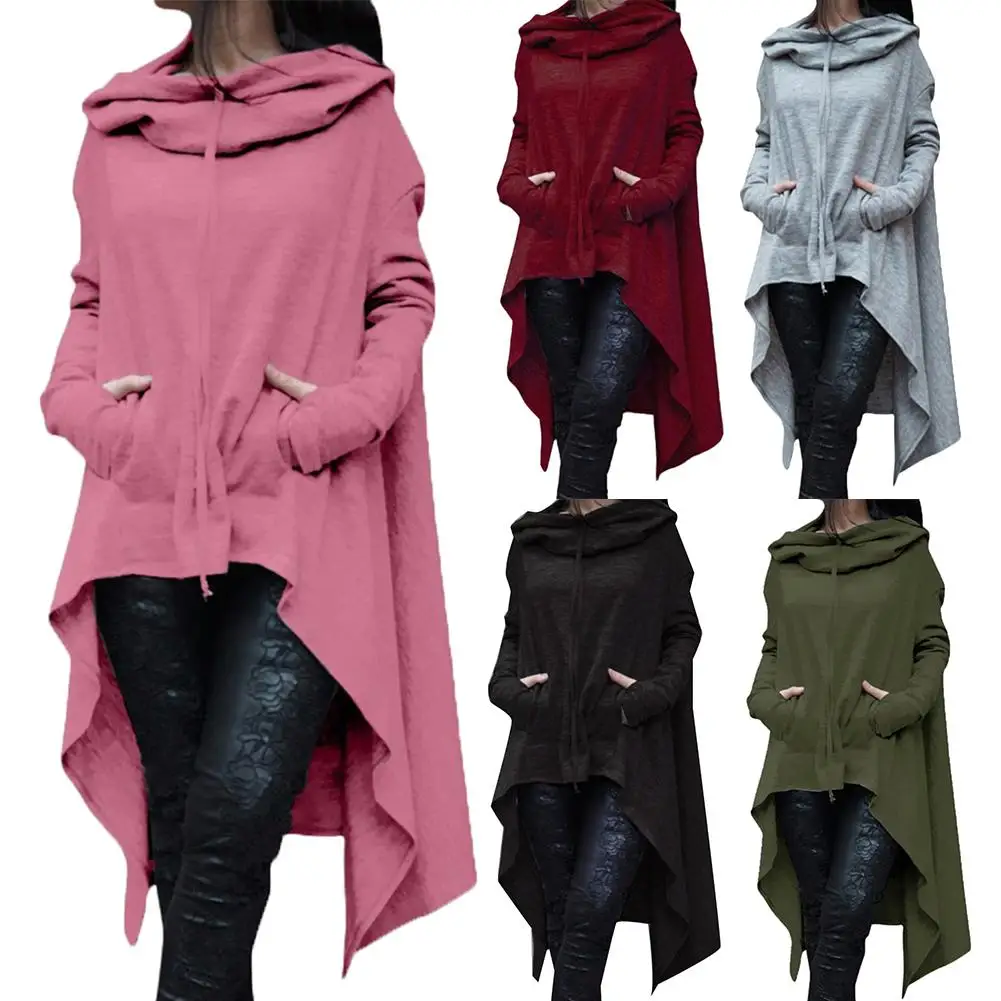 

Winter Cotton Blend Women Solid Color Asymmetric Hem Drawstring Hooded Sweatshirt Loose Poncho Coat For Women Hooded Sweatshirt