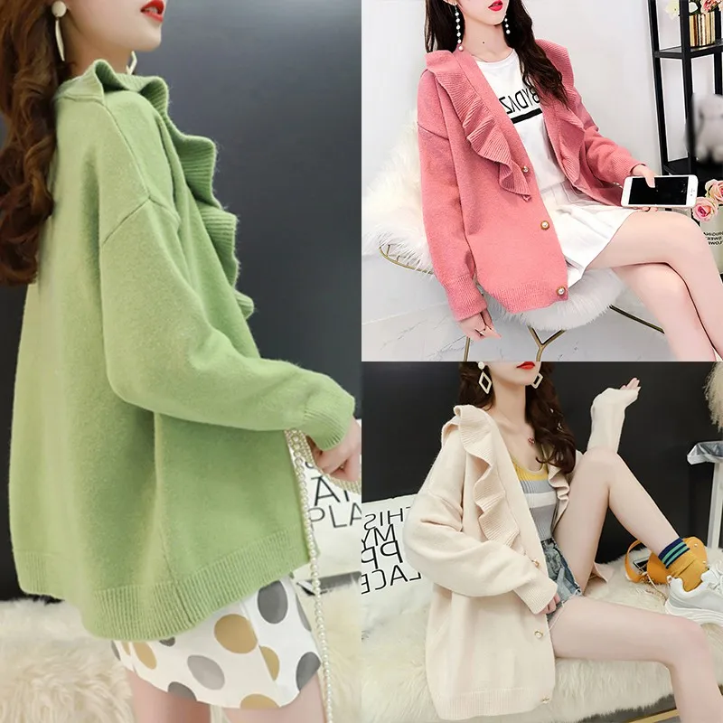 Autumn New Ruffles Decoration Solid Color Sweater Fashion Sweet V-neck Long-sleeved Women Knit Cardigan New