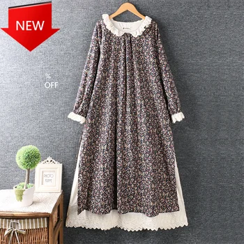 

long sleeve rustic flowers print cotton layers dress quality Vintage Japanese style lace peter pan collar
