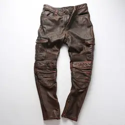 2019 Мужские штаны из натуральной кожи с карманами дизайнерские винтажные Кожаные Мотоциклетные брюки для верховой езды мужские теплые