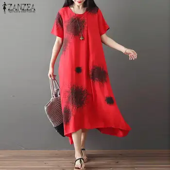

Women's Printed Sundress ZANZEA 2020 Vintage Autumn Midi Dress Casual Short Sleeve Tunic Vestido Female Floral Robe Plus Size