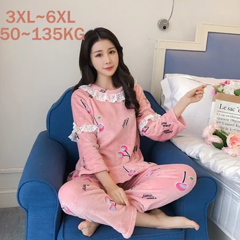 

6XL Women's Winter Flannel Pajama Set Womens Fleece Pajamas Sleepwear Home Clothing Thick Warm Coral Velvet Female Fall Homewear