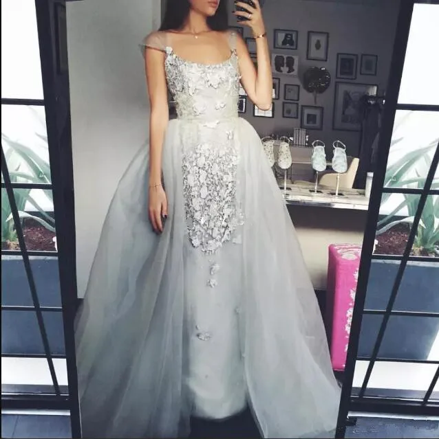 same as picture Тепловизор Свадебный серый над юбками Тюль Длинный совок шеи кепки рукав кружева аппликация Выпускные платья мать невесты платье - Цвет: same as picture