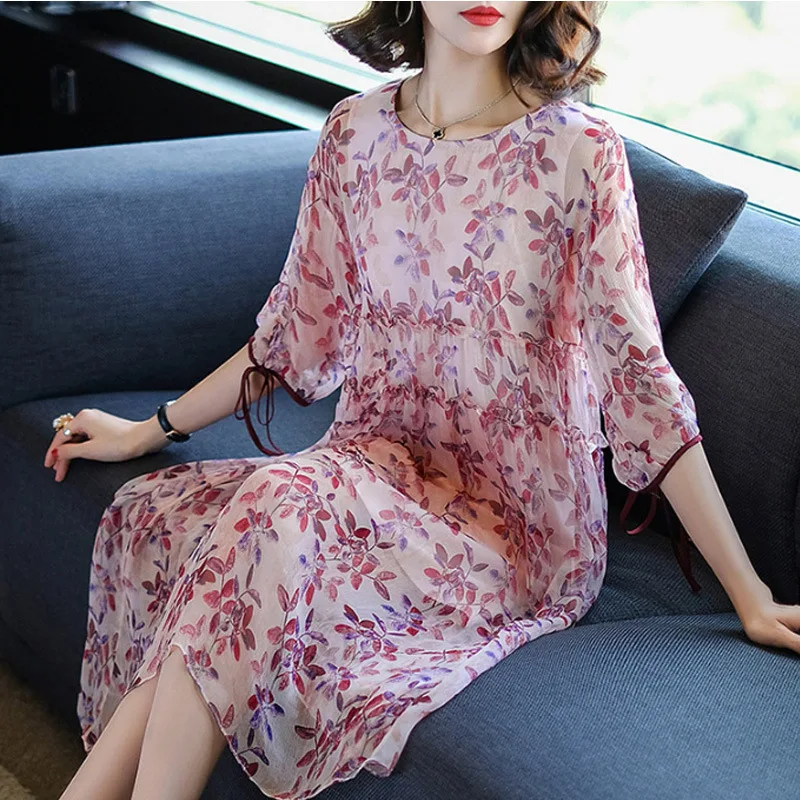 

2019 Spring And Summer New Style Loose-Fit Slimming Floral-Print Ladies' Important Silk Dress Mulberry Silk Mid-length