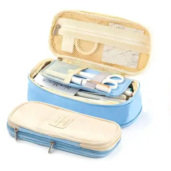 

2020 School Pencil Case Color Canvas Stretch Double Layer Large Capacity Pencil Box Cute Pencilcase Kids Stationery