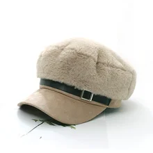 Кепка газетчика с плоским верхом Женская шляпа из искусственного меха Военная с кожаным поясом уличная Женская мода береты шляпа
