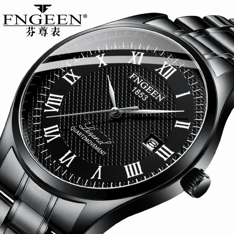 

2019 Top Brand FNGEEN Black Simple Quartz Watch Men's Stainless Steel Date Watch Waterproof Quartz Men's Watch
