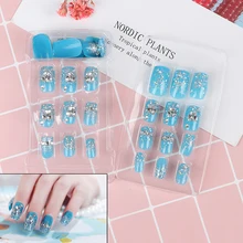 Искусственные Свадебные накладные ногти для ногтей, стразы для невесты, женские короткие Чехлы, блестящие синие 3D накладные ногти