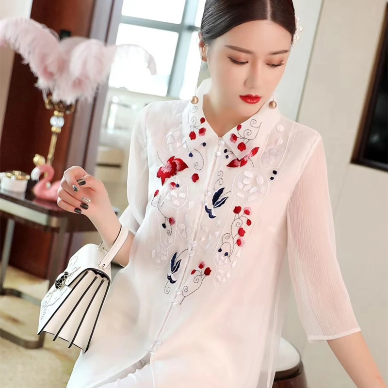 Blusas y camisas Retro de y de Año Nuevo chino para mujer, Cheongsam bordado con flores, blusa con cuello vuelto Top|Camisa| - AliExpress
