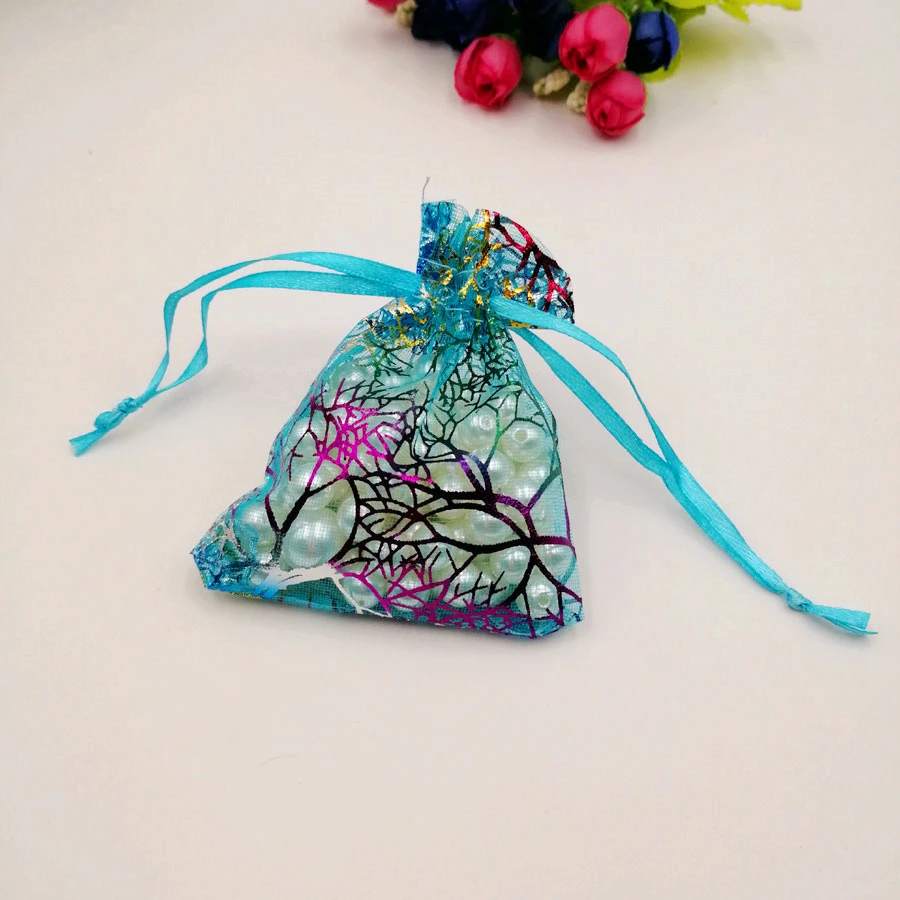 500 шт. синяя Коралловая органза сумка мешок со шнурком сумка шкатулка для украшений Подарок для СР Рождественская коробка витрина для украшений сумки