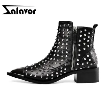 

ZALAVOR Sexy Lady Stylish Rivets Pointed Toe Genuine Leather Ankle Boots Office Work Winter Zipper Club Shoes Woman Size 33-43